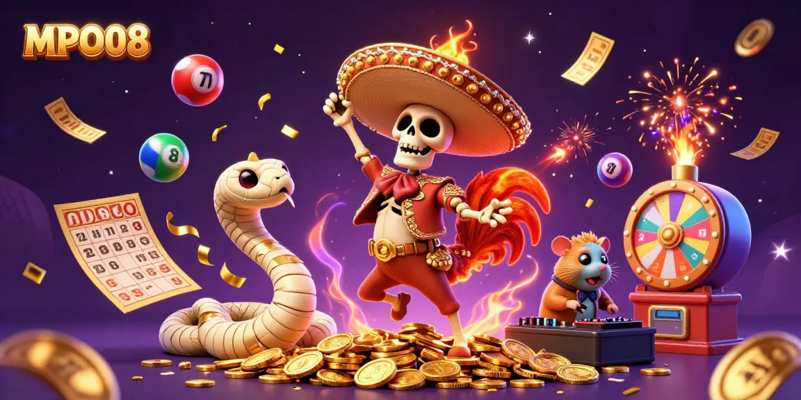 Experience the excitement of MPO08 with a lively lottery-themed celebration featuring colorful characters and dynamic elements.