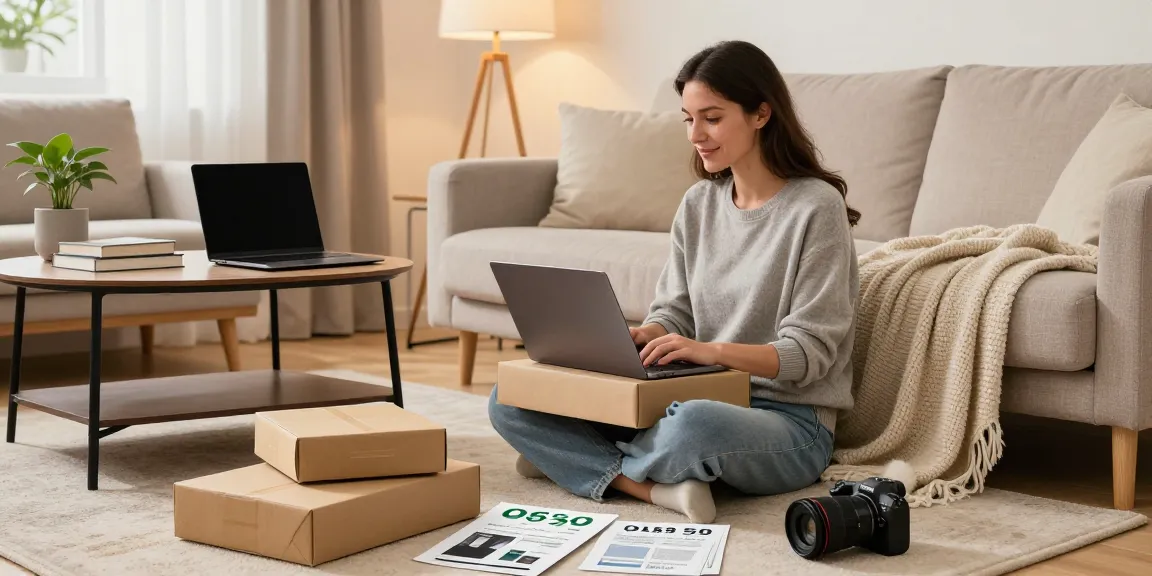 Shopper comparing prices for the lowest price on a laptop in a cozy home.