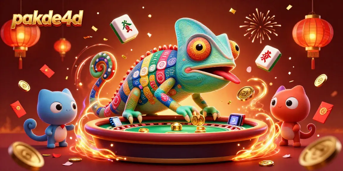 PAKDE4D menampilkan chameleon kartun tiga dimensi sebagai pemilik kasino yang penuh warna dengan elemen perjudian memukau.