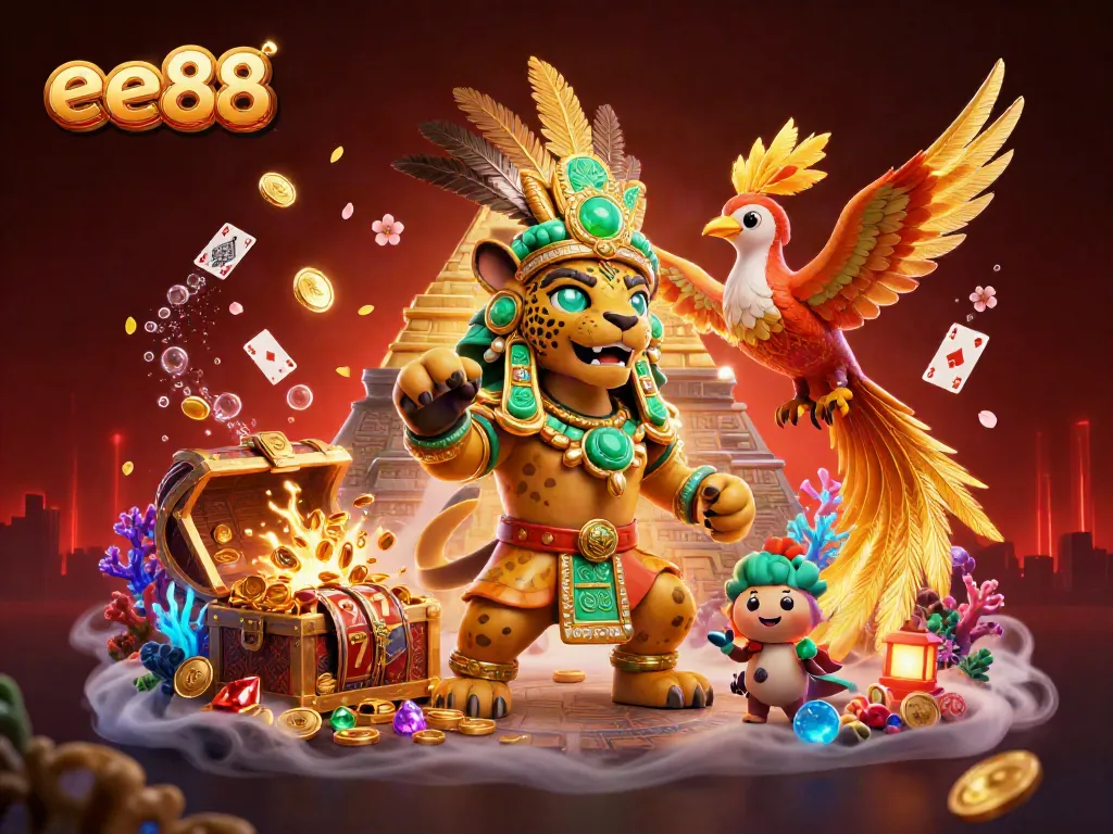 Experience thrilling wins at ee88 with a 3D Mayan priest amid glowing treasures and slots.