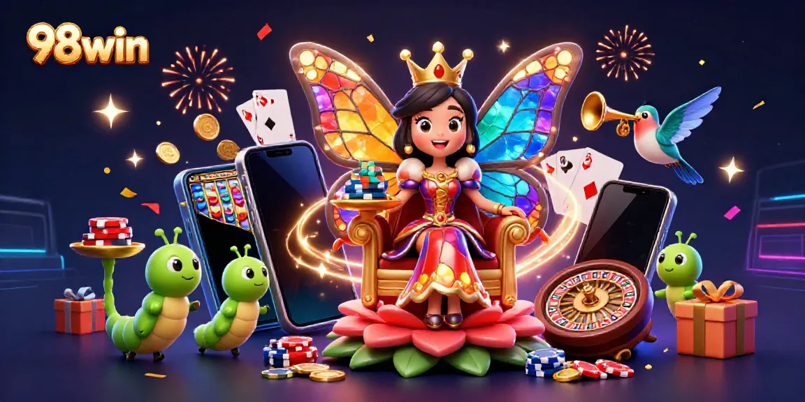 Experience the thrilling game atmosphere with 98win's butterfly queen and poker chips.