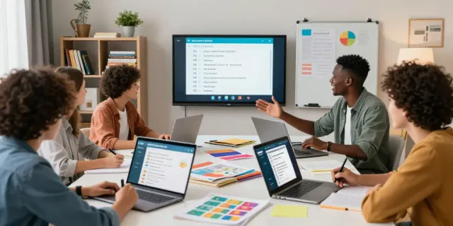 Engaged students participating in an interactive online English course with laptops and educational materials, focusing on Togel online language learning methods.