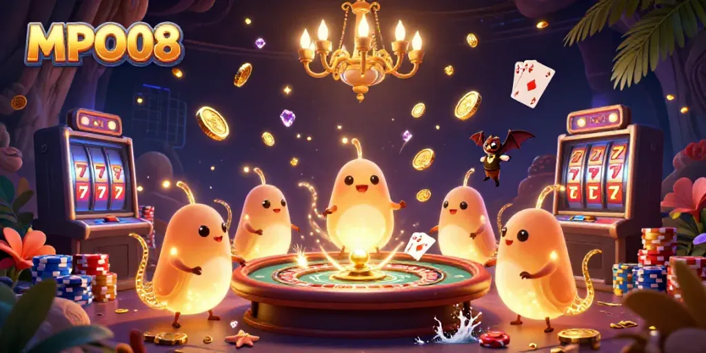 Experience the vibrant MPO08 casino scene with animated glowworms and rich gaming elements.