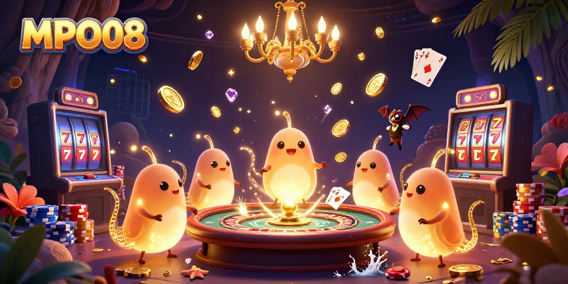 Experience the vibrant MPO08 casino scene with animated glowworms and rich gaming elements.