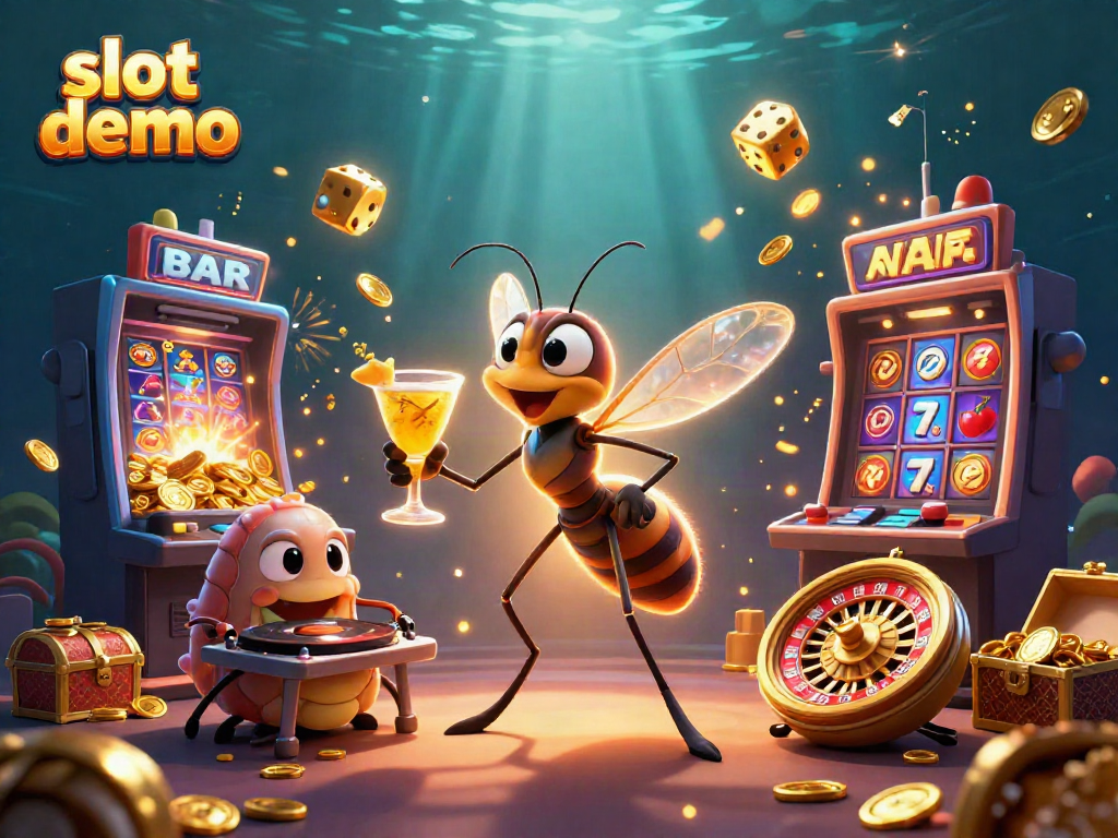 Engage with slot demo games featuring lively characters like a mosquito casino mascot and trilobite DJ in an immersive 3D scene.