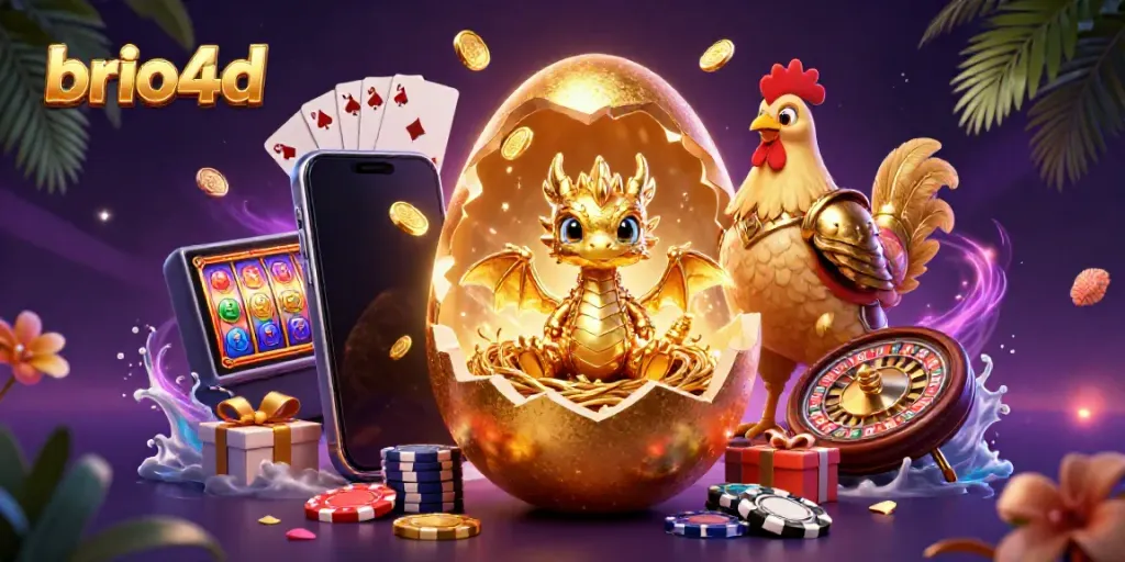 Experience thrilling gaming with brio4d, showcasing a baby golden dragon amidst casino elements.