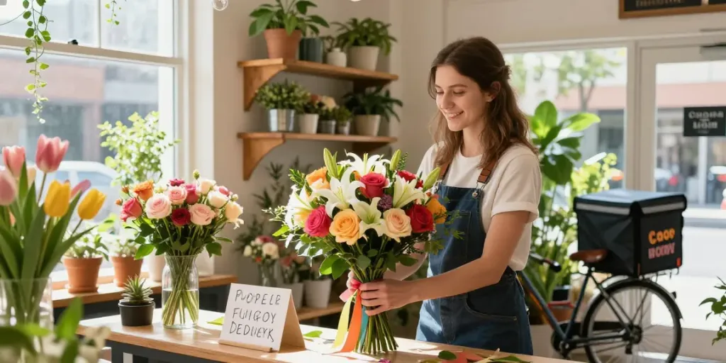 Flower delivery Adelaide florist arranging vibrant bouquet with fresh blooms in a welcoming shop.