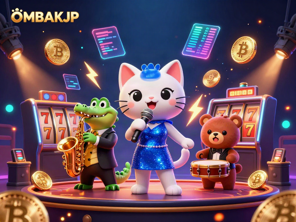 Engage with OMBAKJP at the lively casino stage featuring a jazz-singer cat, saxophone crocodile, and drum bear.