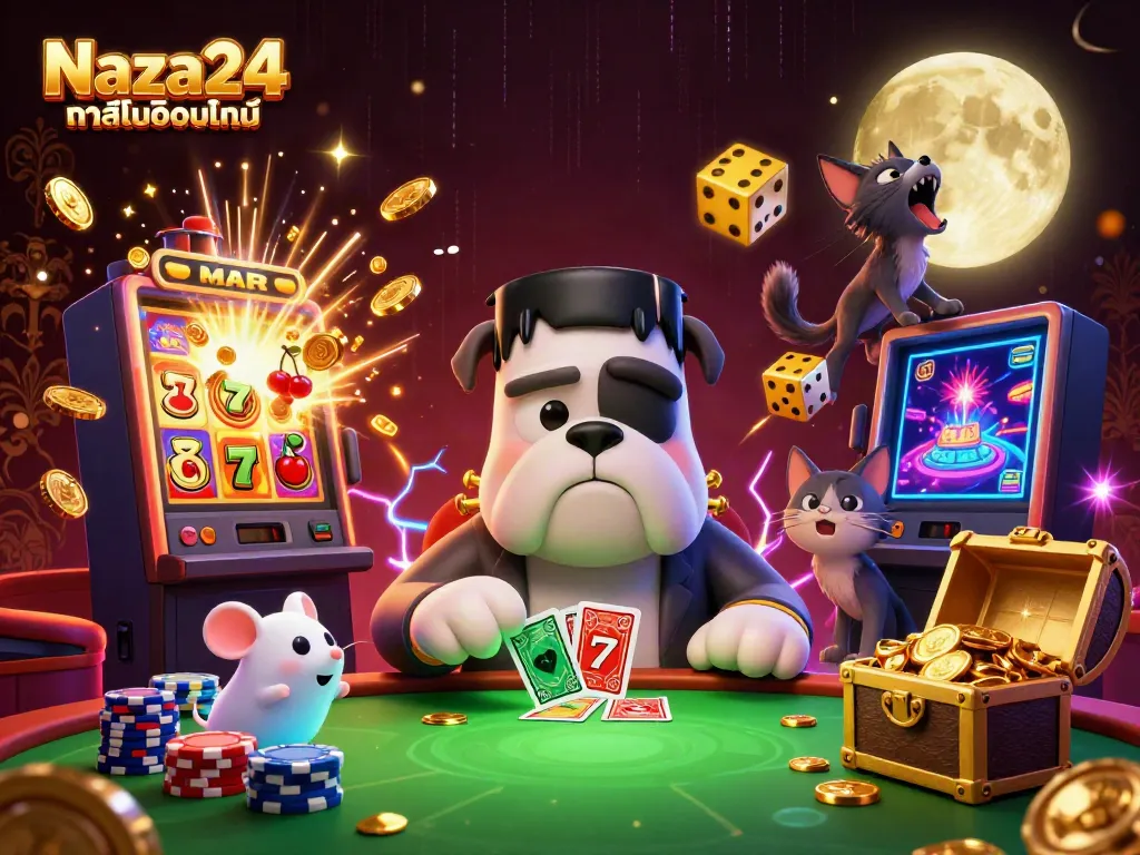 การเล่นเกมคาสิโนของ Naza24 คาสิโนออนไลน์ กับการ์ตูนสุนัขแฟรงเกนสไตน์และแมวหมาป่าในฉากที่มีการแสดงออกอย่างเต็มที่