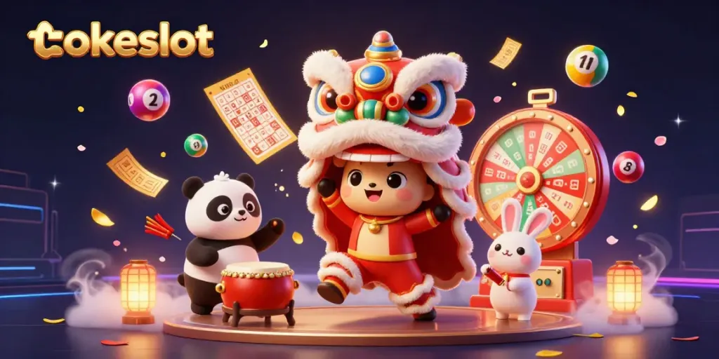Kemenangan jackpot di TokeSlot dengan suasana meriah dari karakter menarik dan bola lotere berwarna-warni.