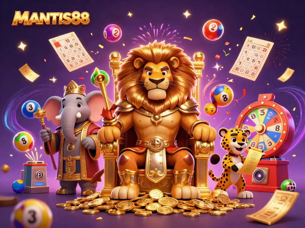 Experience fun and excitement with MANTIS88's playful characters amidst dynamic lottery elements and festive decorations.