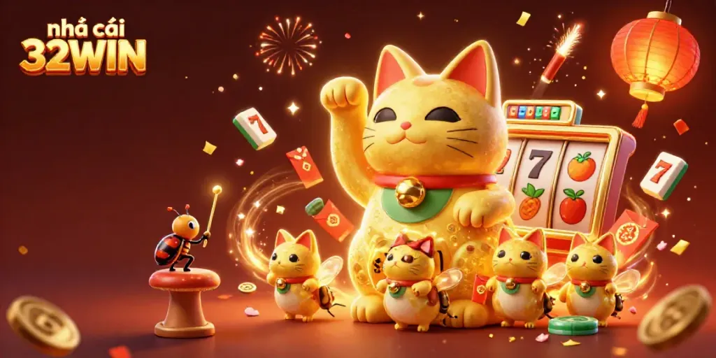 Experience the excitement of nhà cái 32WIN with vibrant casino symbols and lucky cat illustration.