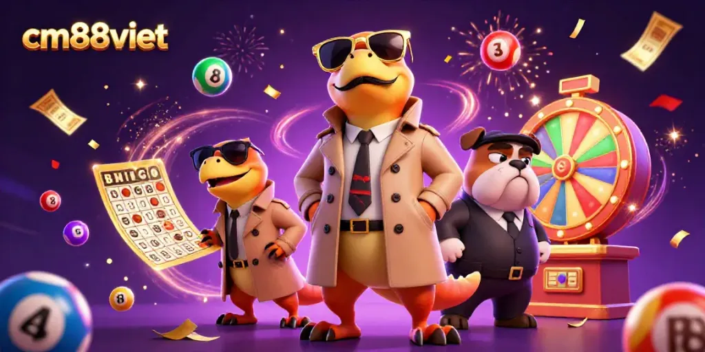 Engage with cm88viet's vibrant casino scene featuring playful raptors and dynamic lottery elements.