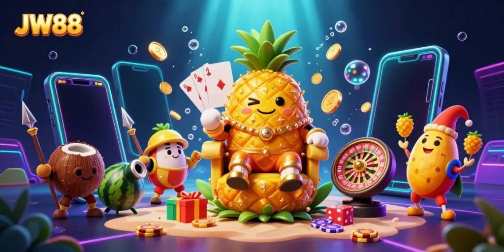 Experience the excitement of JW88 casino with a vibrant 3D scene featuring a golden pineapple king and casino elements.