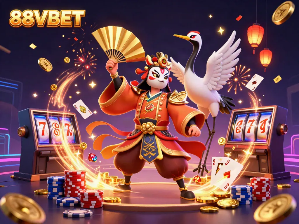 Win big with 88VBET as kabuki warriors celebrate amidst vibrant casino elements.