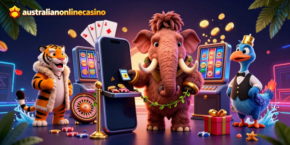 Experience the excitement of australianonlinecasino with the vibrant 3D casino scene featuring unique characters and slot games.