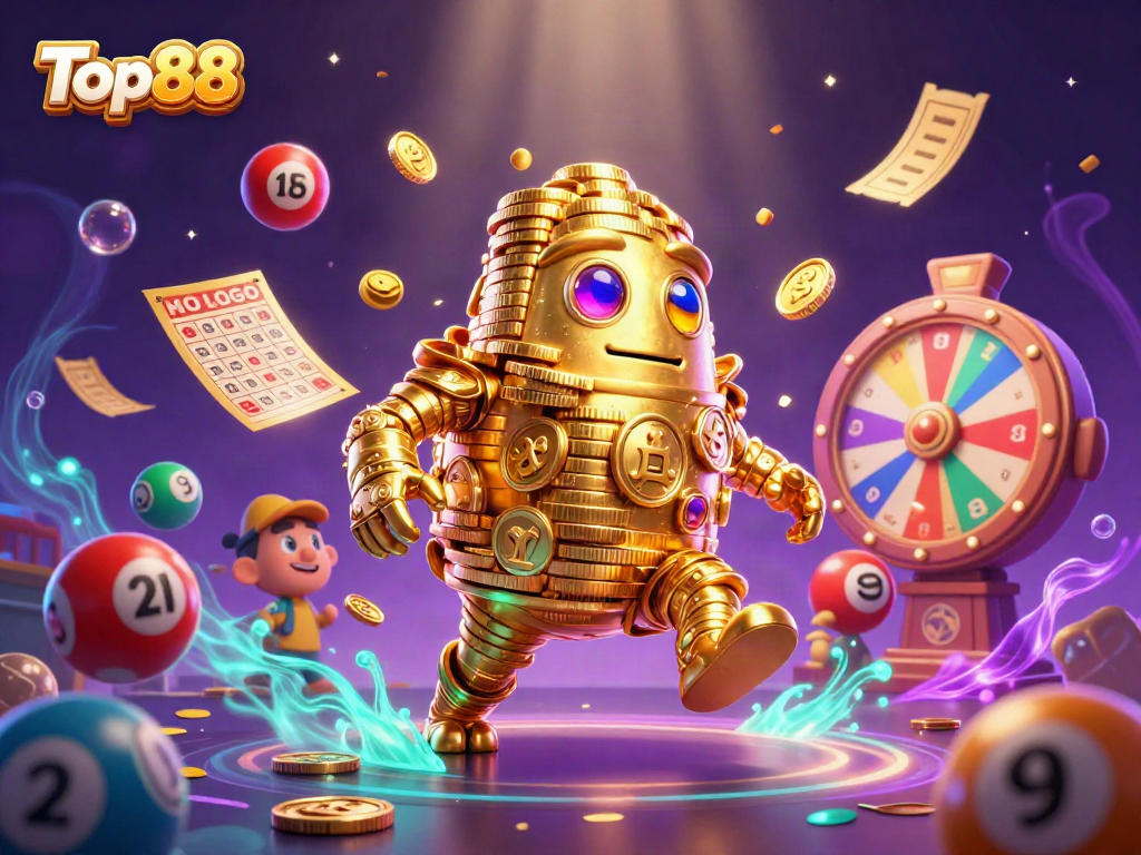 Win big with Top88 in a vibrant 3D casino world, showcasing dynamic gaming elements.