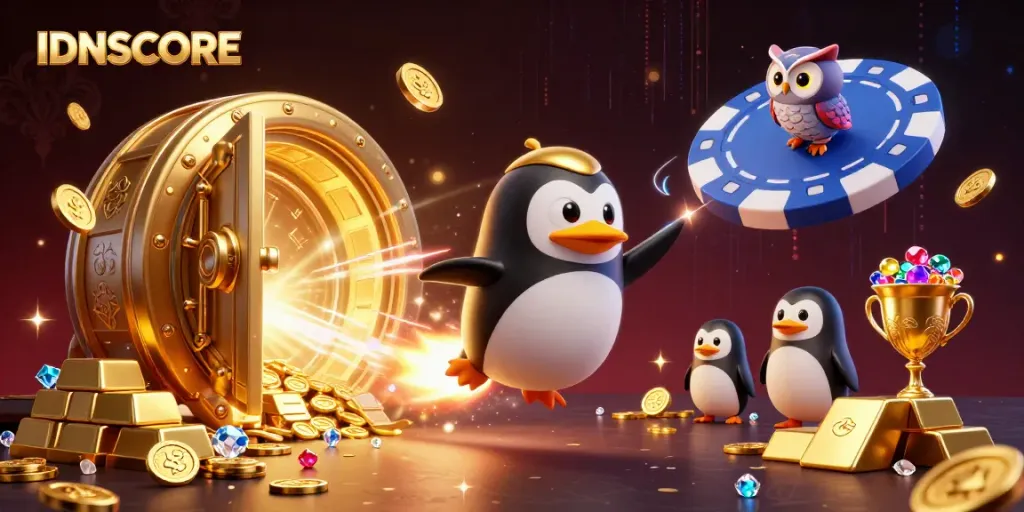 Experience thrilling gaming at IDNSCORE with a dynamic 3D illustration and winning elements.