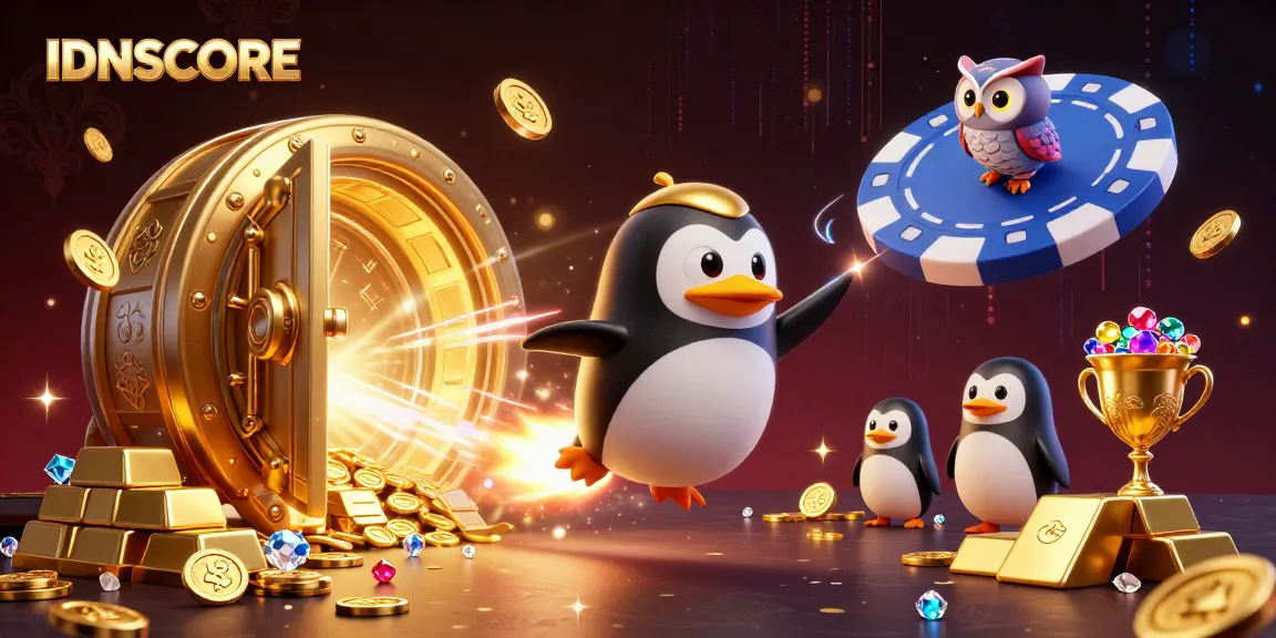 Experience thrilling gaming at IDNSCORE with a dynamic 3D illustration and winning elements.