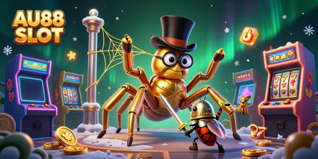 Witness the vibrant AU88 SLOT scene with characters and slot elements in a lively casino atmosphere.