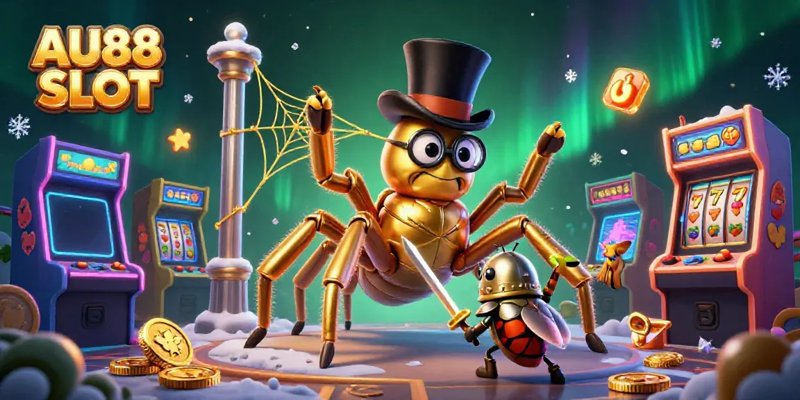 Witness the vibrant AU88 SLOT scene with characters and slot elements in a lively casino atmosphere.