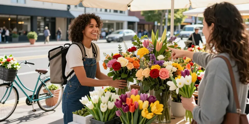 Flower delivery Adelaide scene with florist arranging colorful bouquets in a sunny urban market, highlighting vibrant blossoms.