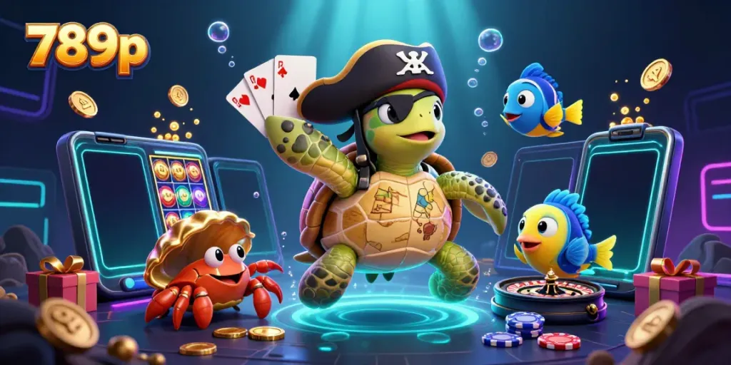 Explore the exciting world of 789p with a pirate turtle and treasure map amidst stunning casino graphics.