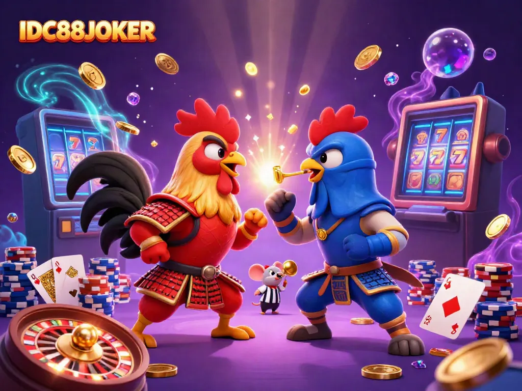 Experience thrilling action with IDC88JOKER's cartoon fighting roosters and dynamic casino elements.