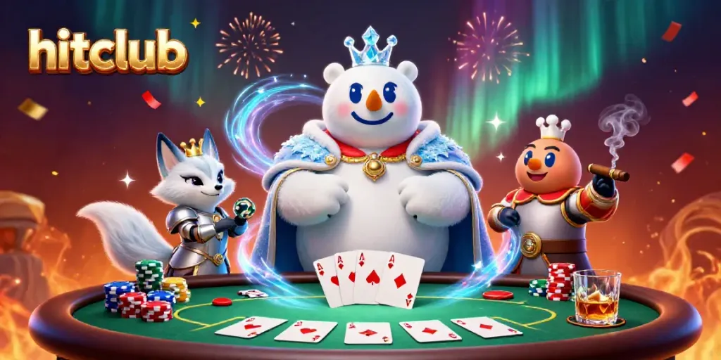 Experience thrilling gameplay at hitclub with an ice king and snow fox amid vibrant poker elements.