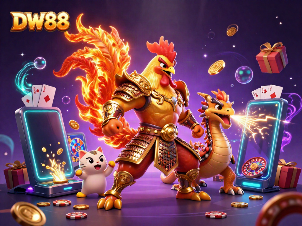 Experience the excitement of DW88 with a cartoon rooster warrior, armored dragon, and casino elements in a vibrant scene.