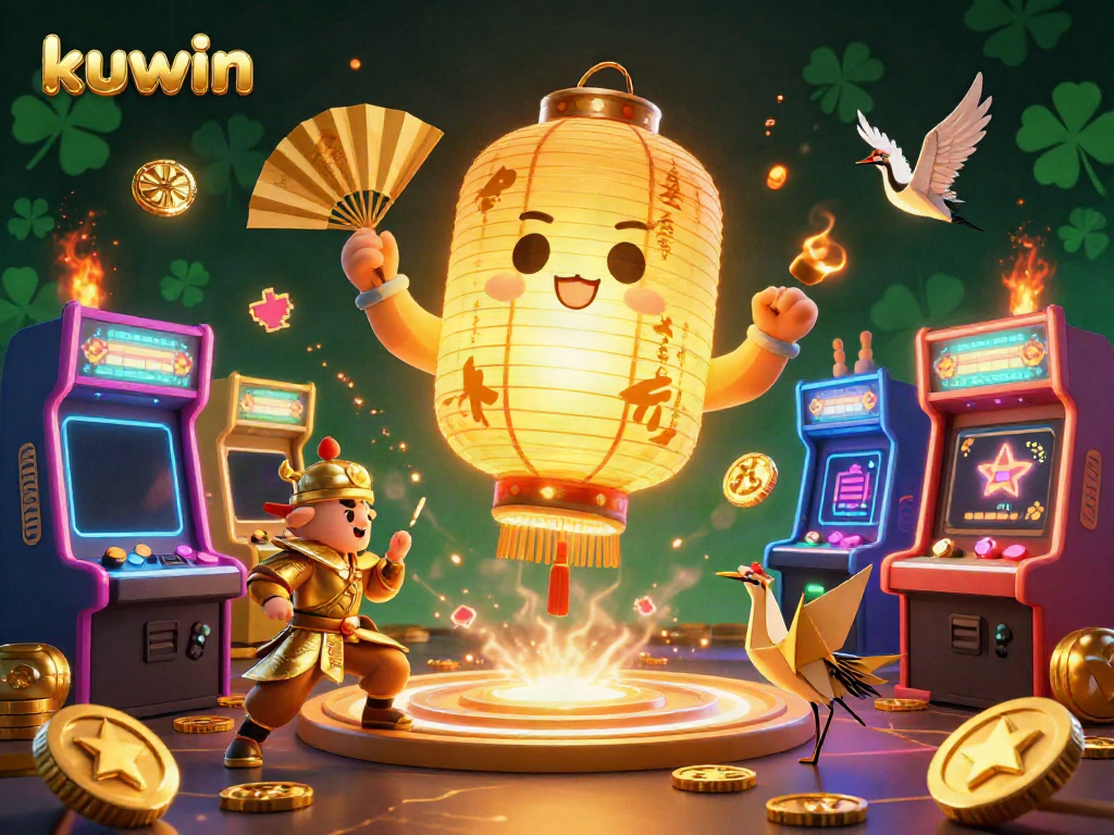 Engage with the dynamic kuwin casino scene featuring golden spirits, vivid game elements, and festive themes.