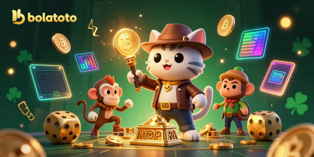 Engage with bolatoto featuring a cartoon cat archaeologist unveiling casino relics amidst vibrant crypto elements.