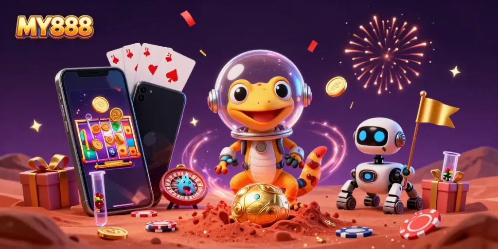 Experience thrilling gameplay at MY888 with a Martian gecko and exciting casino elements.