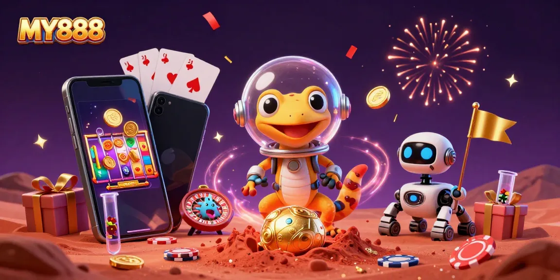 Experience thrilling gameplay at MY888 with a Martian gecko and exciting casino elements.