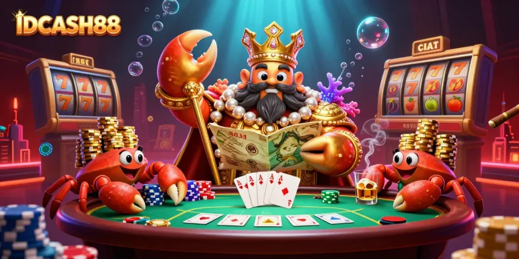 Engage with the thrilling world of IDCASH88, showcased by a majestic golden crab emperor and vibrant casino elements.