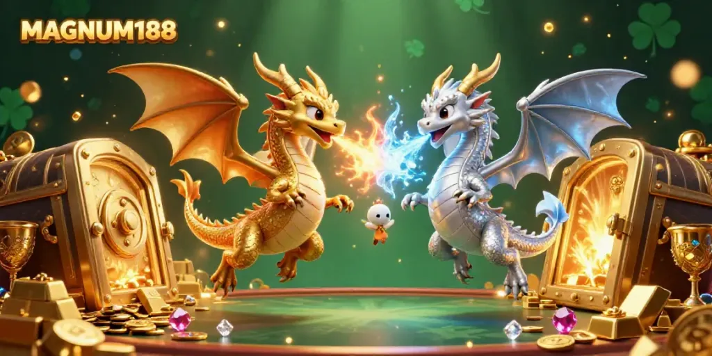 Players engage with MAGNUM188's captivating gaming world featuring golden dragons amidst treasure and vibrant gems.