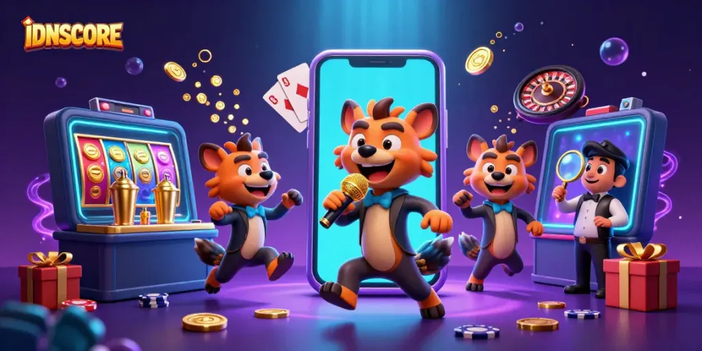 Experience the comedy casino scene with IDNSCORE, featuring hyenas in action and vibrant gaming elements.