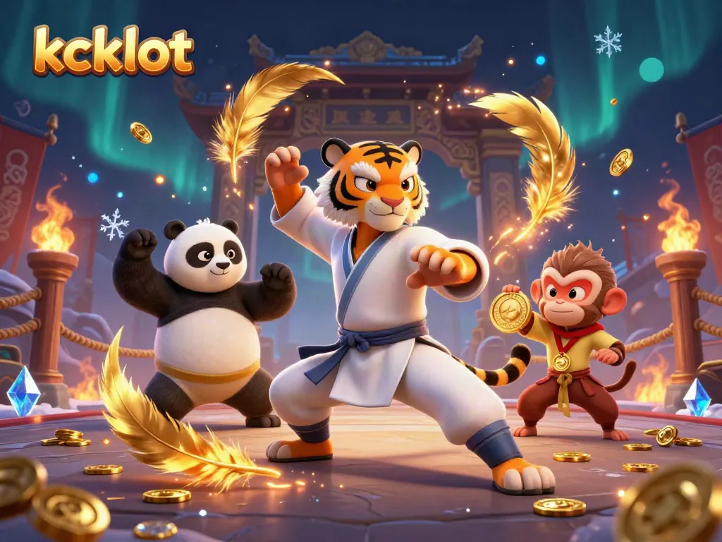 Menggali pengalaman bermain kckslot dengan karakter kung fu, panda, dan monyet dalam arena berwarna emas.