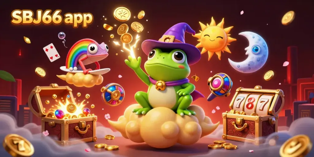 Experience the thrill of the SBJ66 app with a vibrant casino-themed illustration featuring unique characters and gaming elements.