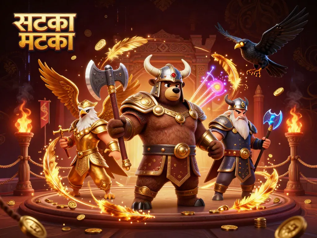 सटका मटका का खेल खेलते हुए वाइकिंग भालू और वैल्किरी गरुड़ का दृश्य, जोड़ा हुआ उत्साह के साथ।