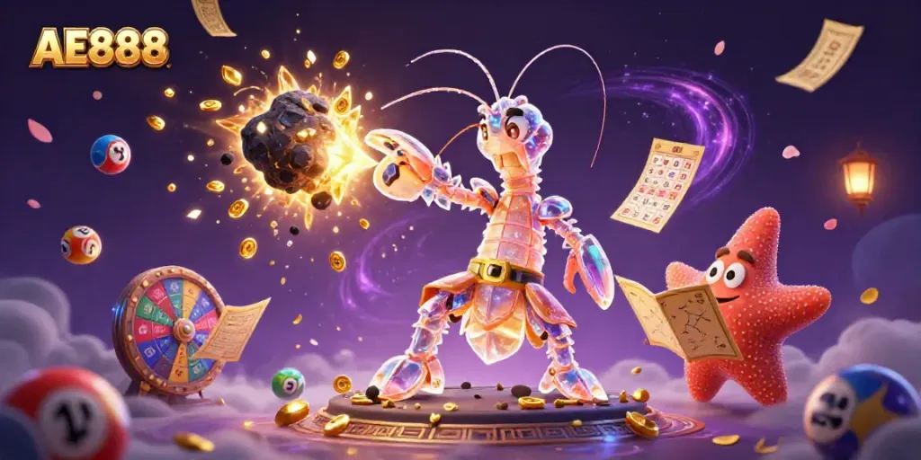 Engage with AE888's exciting gameplay through vibrant lottery elements and galactic characters.