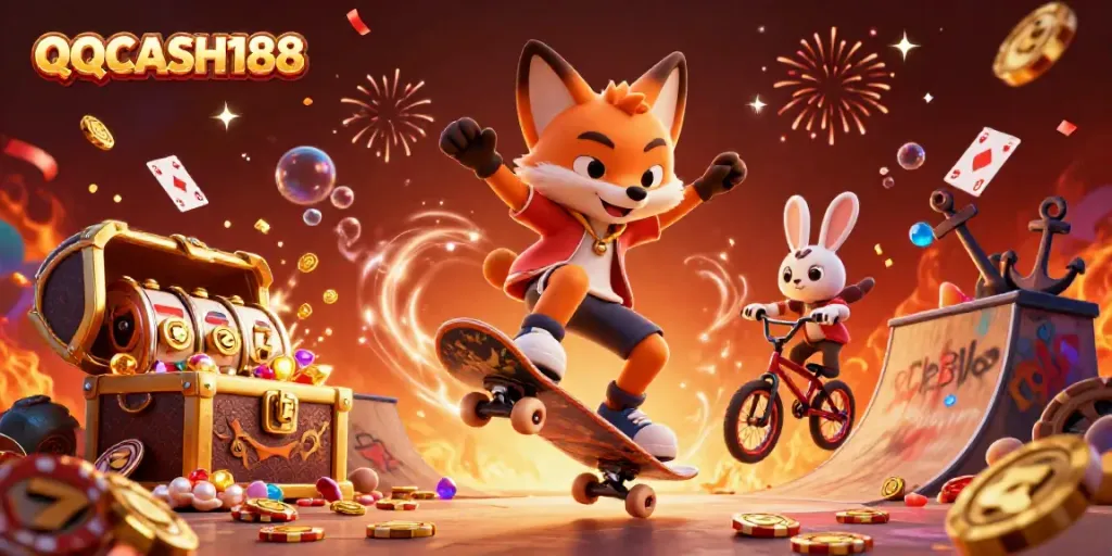 Join the fun with QQCASH188 as the fox does tricks over golden poker chips, bringing excitement to the casino.