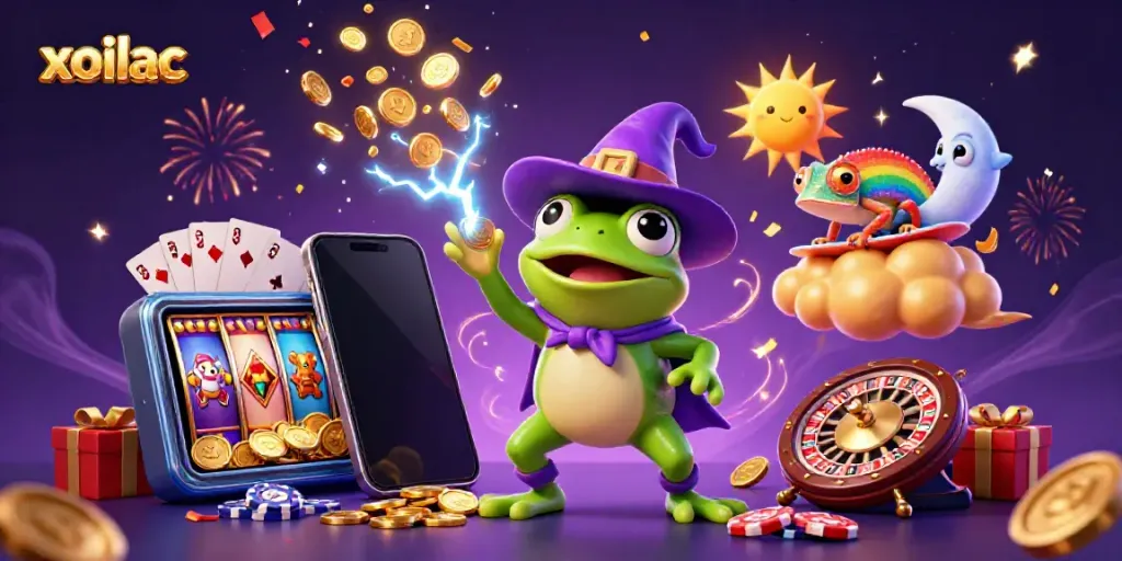 Xoilac features vibrant 3D illustration of a wizard frog and chameleon surrounded by casino elements, showcasing an exciting gambling atmosphere.