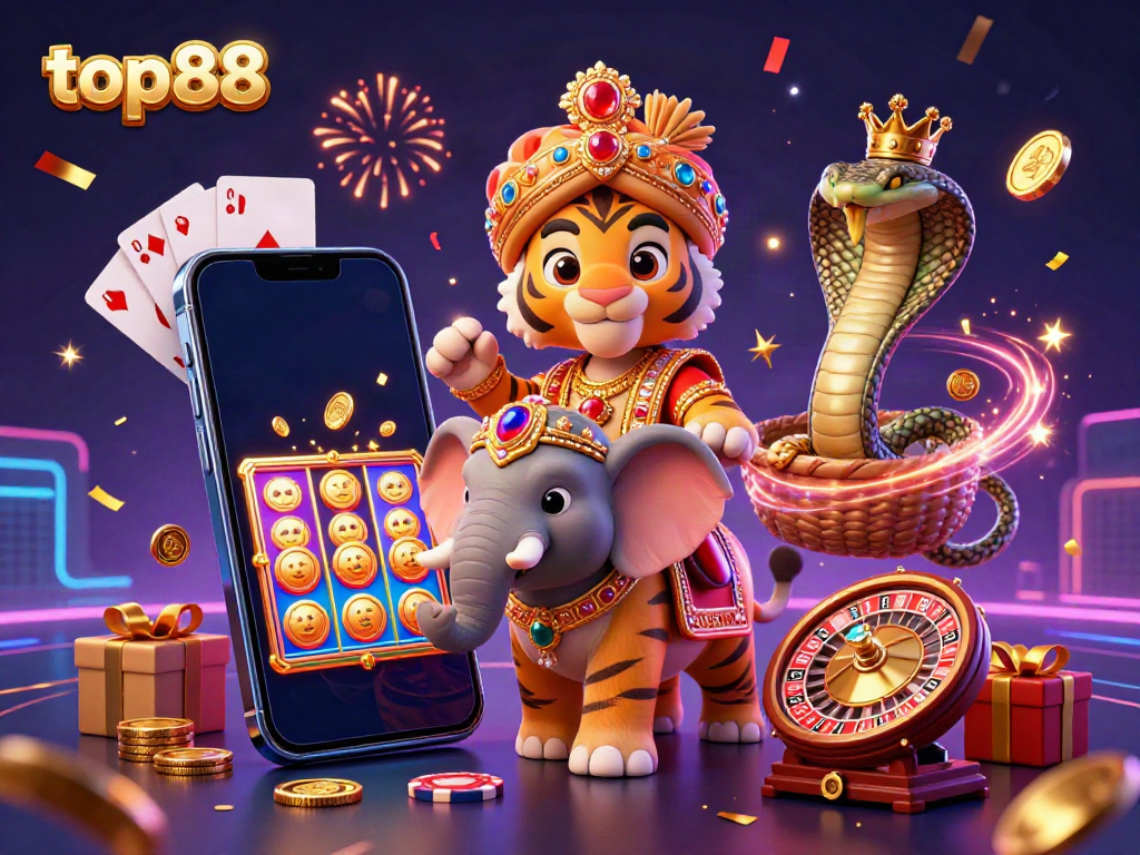 Experience the excitement of top88 with a vibrant 3D casino scene showcasing winning elements and festive decorations.