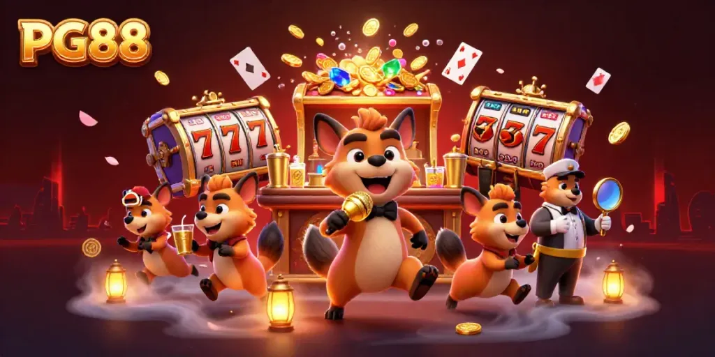 Experience PG88's vibrant casino scene with hyenas, slots, and gold treasures.