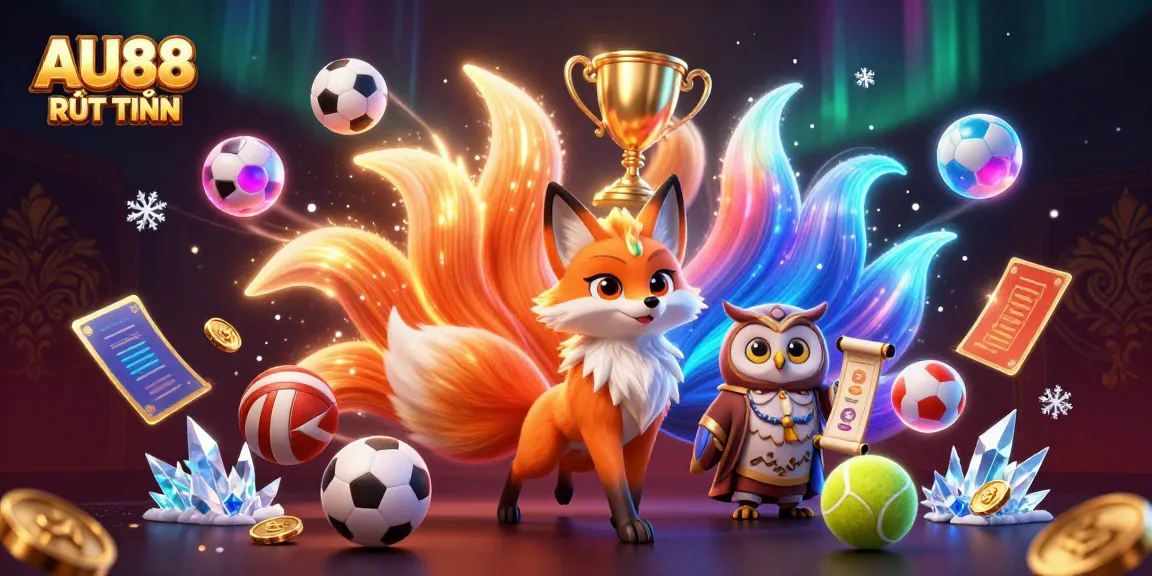 Engaging AU88 RÚT TIỀN image depicting a colorful nine-tailed fox spirit with other mystical elements, perfect for casino enthusiasts.