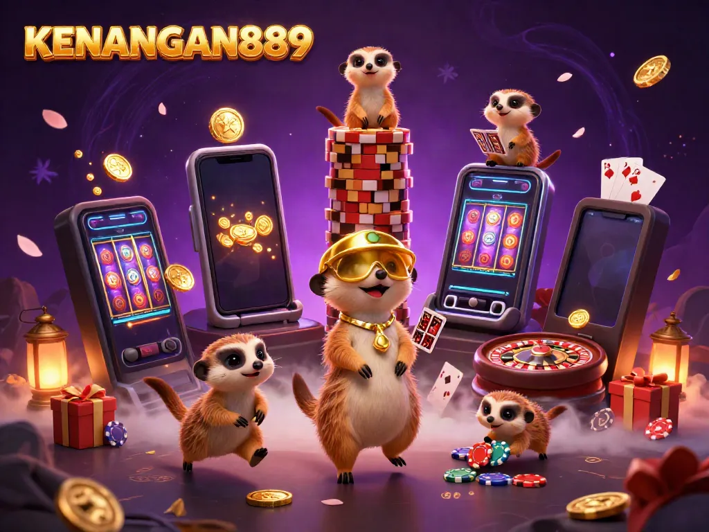Engage with KENANGAN889 in a vibrant 3D casino scene featuring meerkats orchestrating games and spilling chips.