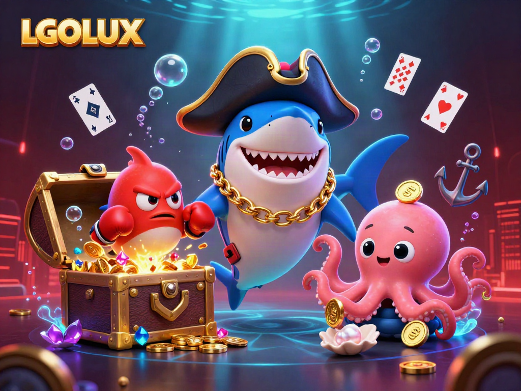Experience LGOLUX with a thrilling scene of a pirate shark and friends in an energetic underwater casino setup.