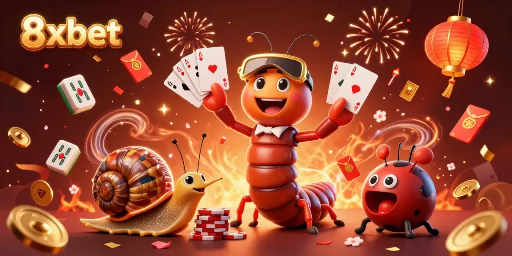 Experience the vibrant excitement of 8xbet with a dynamic 3D casino illustration, featuring an energetic millipede dealer and high-rollers.