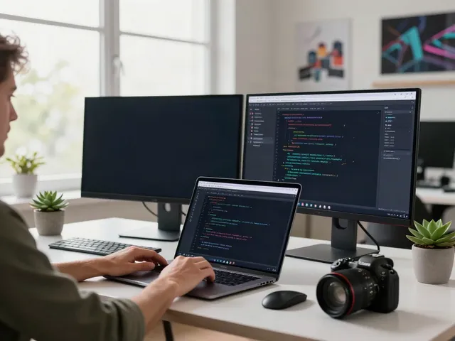 Brave浏览器 in use on dual monitors in a professional workspace.